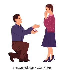 Guy is on his knee and offers the girl to marry him. A man hands a wedding ring to a woman. Girl in a skirt and high heels rejoices. Vector illustration in flat style, isolated on white background.