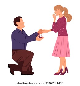 Guy is on his knee and offers the girl to marry him. A man hands a wedding ring to a woman. Smiling girl holds out her hand to him. Vector illustration in flat style, isolated on white background.