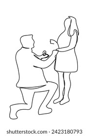 Guy on knees proposing girl to marry. Single line draw design vector graphic Continuous one line drawing man kneeling holding engagement ring proposing woman marry him happy marriage wedding concept. 