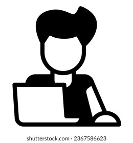 Guy on laptop with mouse, freelancer, programmer solid icon, work concept, student vector sign on white background, glyph style icon for mobile concept and web design. Vector graphics