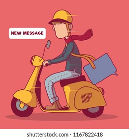 Guy on a moped delivering a message vector illustration. Communicaton, technology, social media, message, talking, sharing, friends design concept