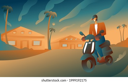 A guy on a moped in a jacket and helmet is driving fast down the street against the background of houses. The concept of a fast ride in the city, a stylish man on a motorcycle. Abstract background.