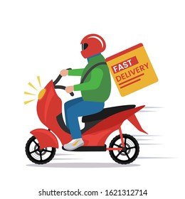 A guy on a moped quickly delivers the ordered goods. flat vector illustration isolated on white background