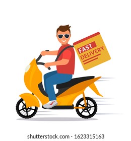 A guy on a moped quickly delivers the ordered goods. flat vector illustration isolated on white background