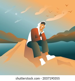 The guy on the mountain is sitting against the background of an abstract sky and birds, a dreamy guy is smiling. Flat design, a young character in a hoodie and sneakers.