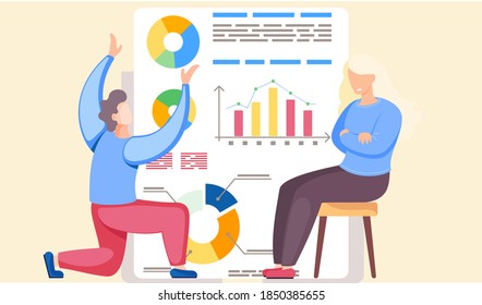 The guy is on one knee and points to the pie chart above his head. Girl looks offended at the man. Angry woman sitting on the chair. Office work management. Data analysis. Statistics and anatytics