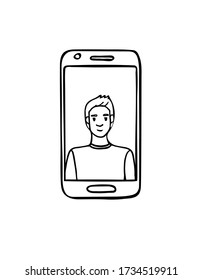 The Guy On The Phone Screen.Simple Black Outline On A White Background. Illustration Of A Video Call With A Young Man, Online Chat. Hand Drawn Vector Illustration In The Doodle Style.