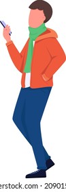 Guy on phone in winter semi flat color vector character. Dynamic figure. Full body person on white. Cold weather isolated modern cartoon style illustration for graphic design and animation