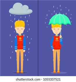 Guy on rainy day, Happy guy holding umbrella on rainy day, Unhappy guy stand in the rain, Two feeling of guy character,bad day