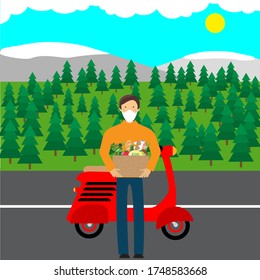ein Mann auf einem roten Roller brachte ein Paket mit Essen in die Natur