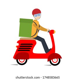 guy on a red scooter carries a parcel on a white background