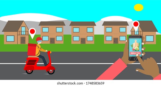 the guy on the red scooter delivers the package to the customer