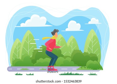 El tipo en patines patina ilustración vectorial plana. Hombre joven con bufanda, personaje de caricatura deportiva. Entrenamiento en patinaje al aire libre, paseo rápido. Estilo de vida activo, actividad deportiva, recreación al aire libre