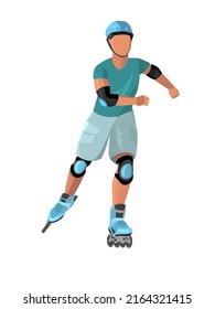 Un tipo en una patineta de rodillos al aire libre vectorial ilustración plana. Joven practicando actividad física extrema aislada en blanco.  deportes recreativos