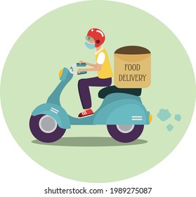 A guy on a scooter in a mask delivers food