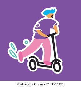 El tipo de la moto se empuja con el pie. Parto. Ilustración urbana, vectorial, pegatina, doodle, estilo de dibujos animados. Motocicleta eléctrica.