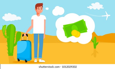 The guy on the travel without money. View of the desert with a departing plane. Vector flat illustration