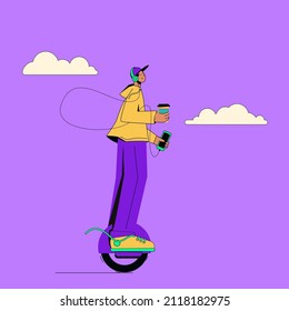 Guy on a unicycle with coffee and music. Serene morning walk of a modern young man. Vector illustration in flat cartoon style.