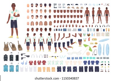 Guy on vacation animation or DIY kit. Collection of male tourist body elements, gestures, clothes, touristic equipment isolated on white background. Colored vector illustration in flat cartoon style.