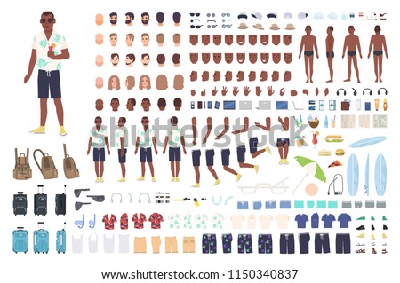 Guy on vacation animation or DIY kit. Collection of male tourist body elements, gestures, clothes, touristic equipment isolated on white background. Colored vector illustration in flat cartoon style.