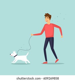 Guy on a walk with a dog. Character design. Isolated. Flat design vector illustrations.