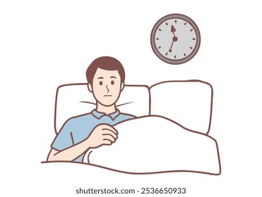 Cara com olhos abertos na noite escura deitado na cama com conceito de relógio. Ilustrações de design de vetor de estilo desenhado à mão.