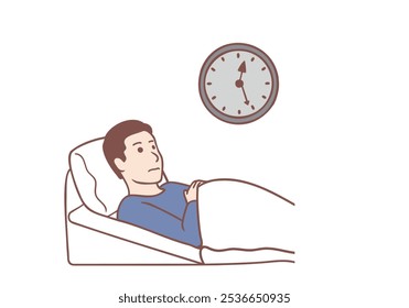 Cara com olhos abertos na noite escura deitado na cama com conceito de relógio. Ilustrações de design de vetor de estilo desenhado à mão.