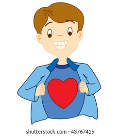 A guy open up his shirt to show the love in his heart.