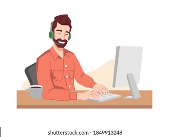 Guy operator smiles in headphones and microphone typing on keyboard. Vector online call center worker, customer service support center. Programmer, interpreter, psychologist communicating via computer