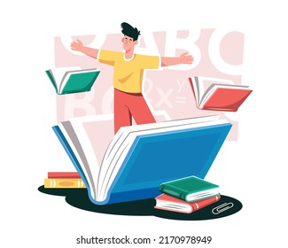 A guy with outstretched arms stands on an open book. The concept of learning and self-education.