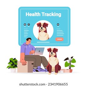 guy owner using pet app on laptop cute dogs best friends domestic animals health tracking application concept vector illustration