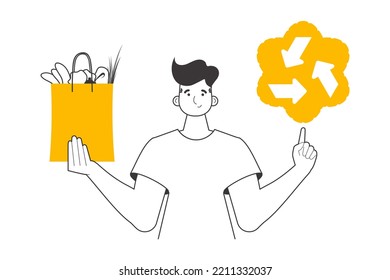 Guy, package with groceries and eco logo. The concept of ecological products. Linear trendy style. Isolated on white background. Vector illustration.