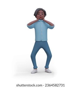 Guy is in panic. Shocked man holding his face. Black male character crouched down in fear. Terrified person. Expressive emotion, open mouth. Vector color illustration