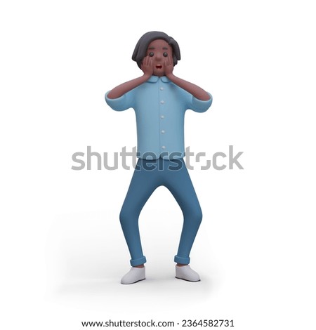 Guy is in panic. Shocked man holding his face. Black male character crouched down in fear. Terrified person. Expressive emotion, open mouth. Vector color illustration