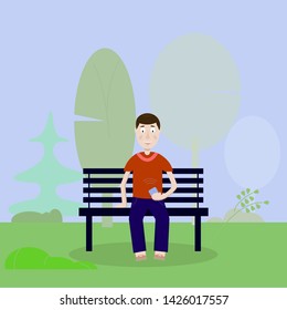 the guy in the Park with the phone sitting on a bench.vector illustration. flat style