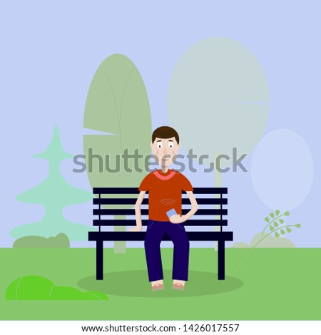 the guy in the Park with the phone sitting on a bench.vector illustration. flat style