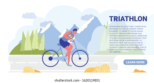 Guy Participates in Triathlon and Rides Bicycle. Athlete Travels Long Distance Participating in City Race. He Joyfully Hurry to Finish Line, Drives Past Thick Forest, Hills and Snow-capped Mountains.