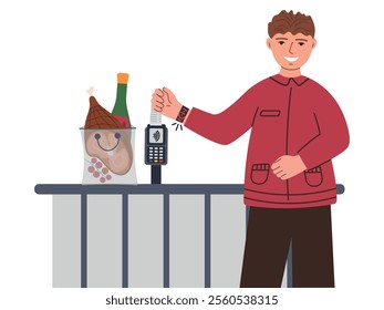Guy paying with cashless technology. Payment via smartwatch with NFC. Contactless payment, digital banking concept. Man with smartwatch paying for products via POS terminal vector illustration.
