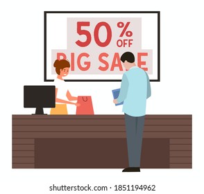 The guy is paying for the purchase at the checkout. The man is buying clothes in the store. Cashier is serving the customer on sale. Male characters during shopping and fifty percent discounts