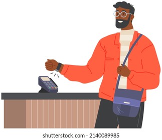 Guy paying using cashless technology. Payment through smartwatches with NFC. Contactless, noncontact payment, digital banking concept. Man with smart watch pays via POS terminal vector illustration