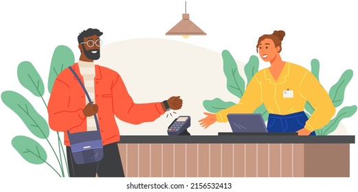 Guy paying using cashless technology. Payment through smartwatches with NFC. Contactless, noncontact payment, digital banking concept. Man with smart watch pays via POS terminal vector illustration