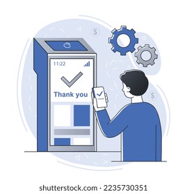 Guy pays by card. Man makes cashless payment. Banking transactions and electronic transfers. Modern technologies and digital world. Poster or banner for website. Cartoon flat vector illustration