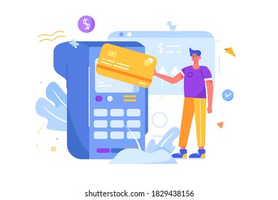 El tipo paga por tarjeta a través de la terminal en estilo plano