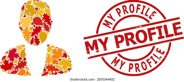 Guy Person mosaic icon done for fall season, and MY PROFILE dirty stamp imitation. Vector guy person mosaic is done from scattered fall maple and oak leaves.