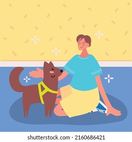 guy with pet dog in home