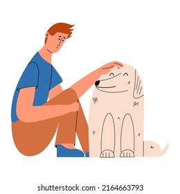 The Guy Pets The Dog. A Man Communicates With His Beloved Pet. Emotional Support Dog. Vector Illustration 