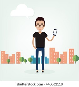 The guy with the phone in the city. Flat vector illustration.navigation. Map. Route. using smart phone on a city 