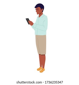 The guy with the phone isolated on a white background in a flat style. A man looks at the phone. Vector illustration.