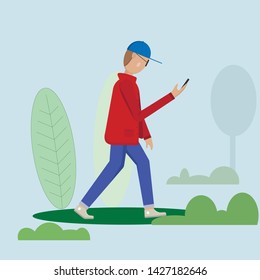 the guy with the phone in the Park for a walk. vector illustration