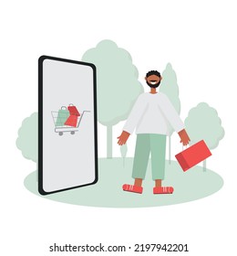 
tipo con teléfono y compras